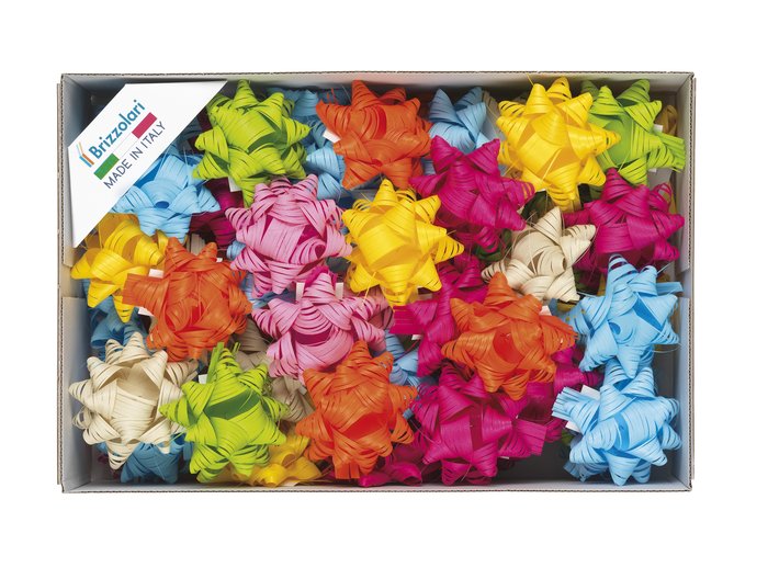 CAJA 100 COCAS ESTRELLA ADHESIVA RAFIA 19MM SURTIDAS | BRIZZOLARI | 1 UNIDAD | 8031653009135