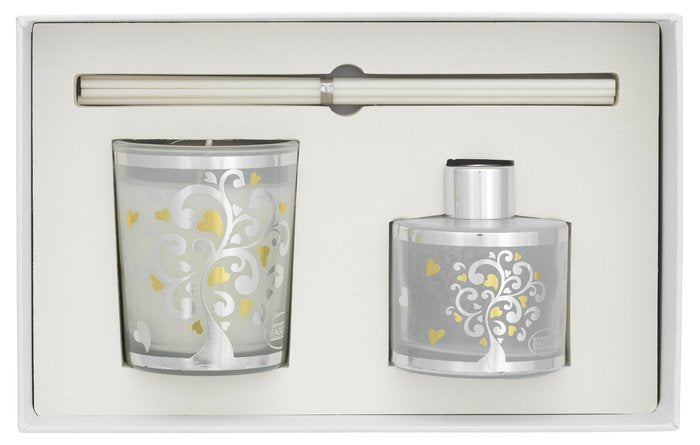 SET MIKADO + VELA 70GR ARBOL CORAZONES VANILLA NOIR | BAGUTTA