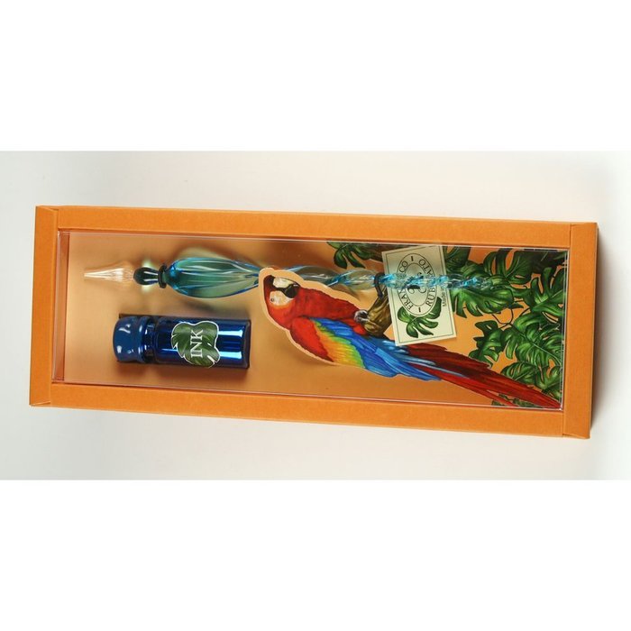 Set Pluma Vidrio Decorada con Tinta Naranja Rubinato