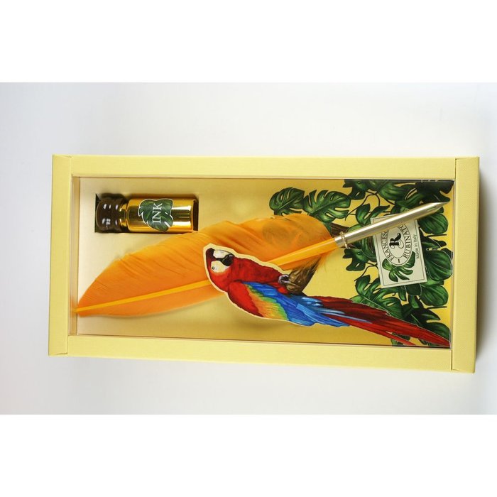 Set Pluma Madera Decorada Punta Metal y Tinta 10CC Loros Am