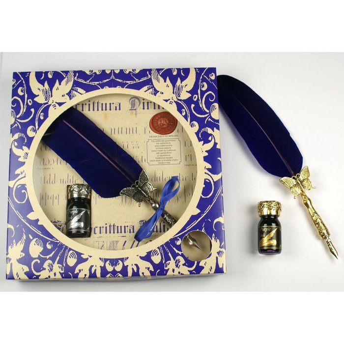 Set Pluma Mariposa Niquel Azul y Tinta Caja Decorada Rubinato Imagen principal del producto