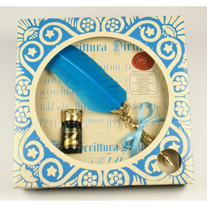 Set Pluma Angel Niquel Turquesa y Tinta Caja Decorada Rubinato