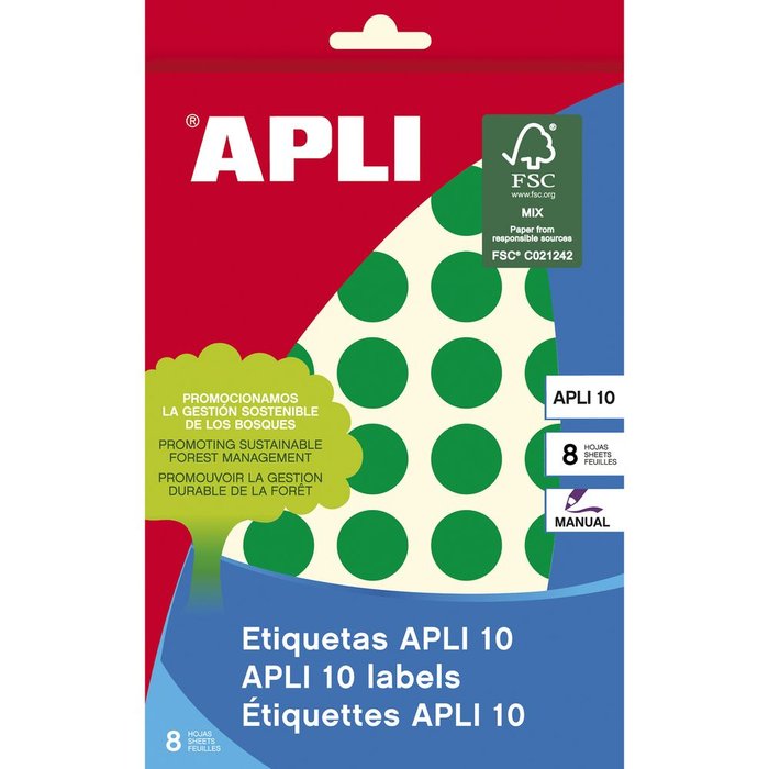 BOLSA ETIQUETAS APLI 10 VERDES Ø 19 MM 8 HOJAS | APLI