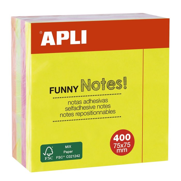 NOTAS ADHESIVAS FUNNY 75X75MM CUBO 400 HOJAS SURTIDAS FLUOR | 1 UNIDADES | (APLI)