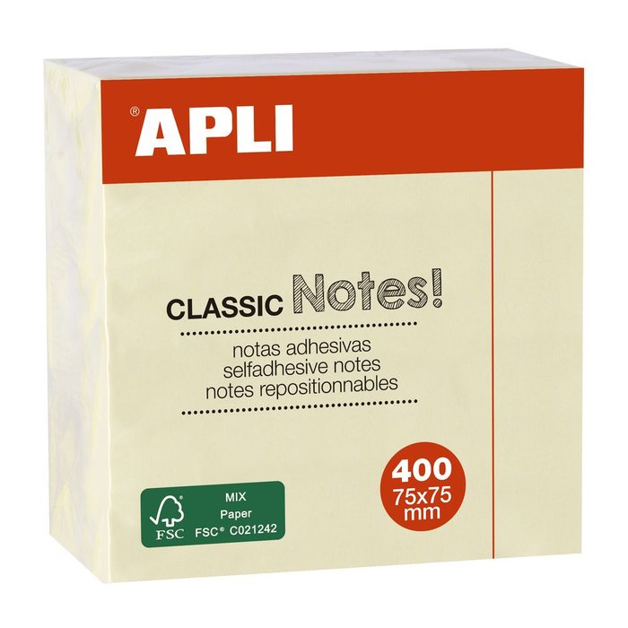 Notas Adhesivas Classic 75x75 mm Cubo 400 Hojas Amarillo APLI Imagen principal del producto
