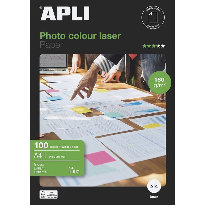 Papel fotográfico brillante Apli Colour Laser A4 160 g Pack 100 hojas Imagen principal del producto
