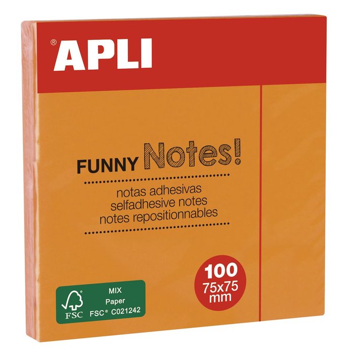 Bloc 100 notas adhesivas 75x75mm naranjas Apli