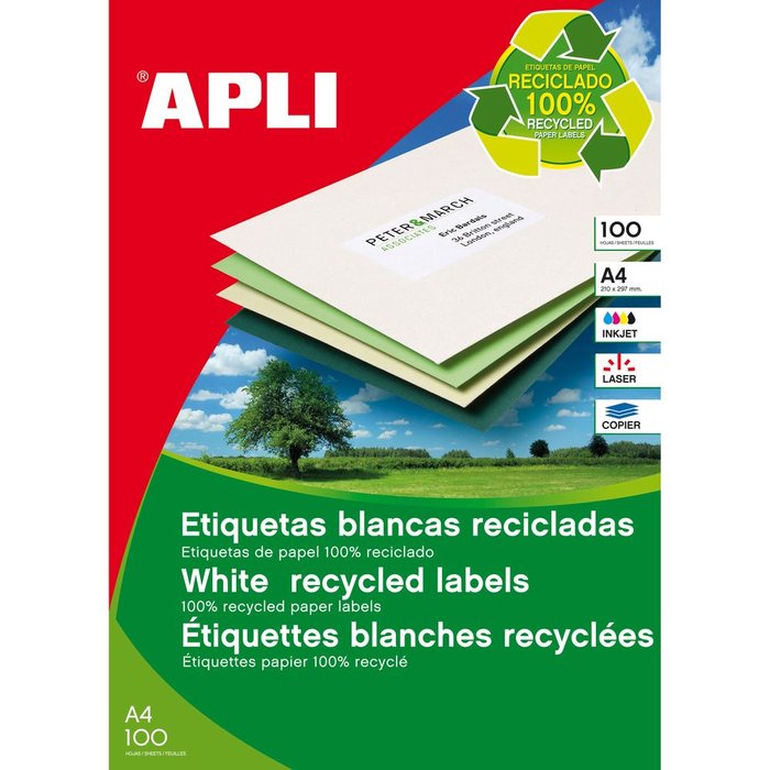 ETIQUETAS BLANCAS PERMANENTES RECICLADAS 210,0 X 297,0 MM | 1 UNIDADES | (APLI) Imagen principal del producto