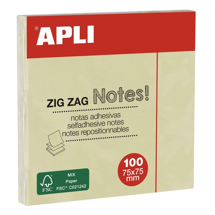 Nota Adhesiva Zigzag Classic 75x75 mm Bloc 100 Hojas Amarillo APLI Imagen principal del producto