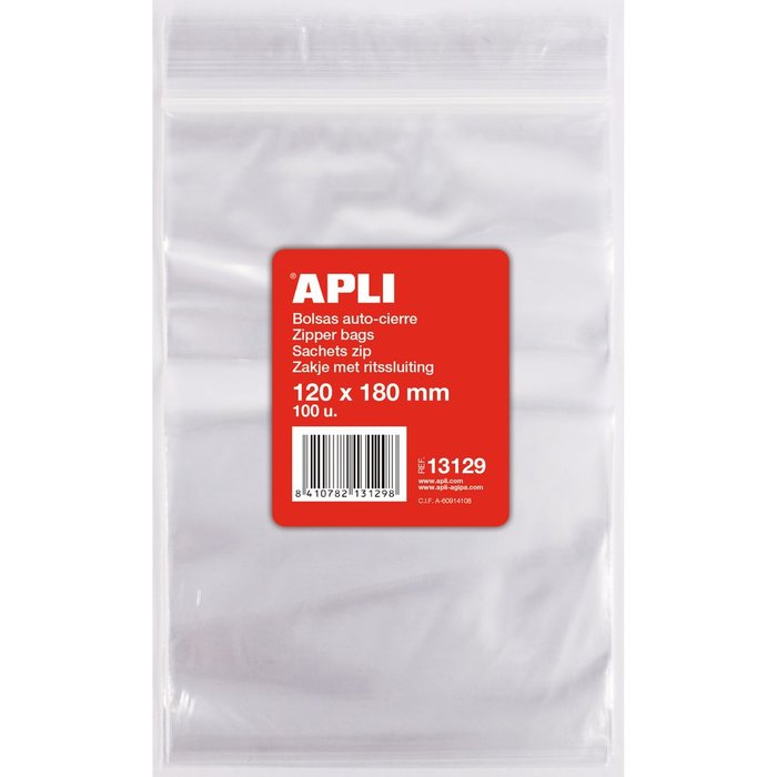 BOLSAS AUTOCIERRE 120 X 180 MM 100 UDS TRANSPARENTES | APLI | 1 UNIDAD | 8410782131298 Imagen principal del producto