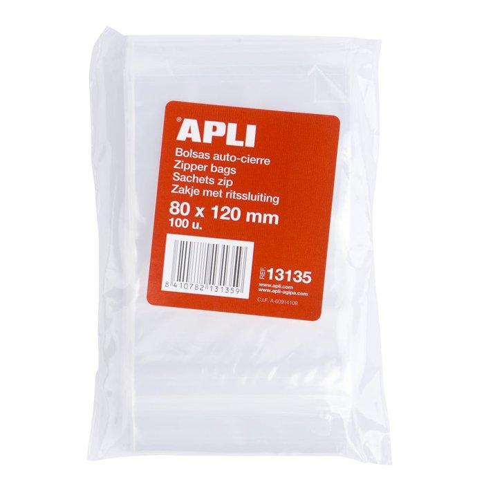BOLSAS AUTOCIERRE 80 X 120 MM 100 UDS TRANSPARENTES | APLI | 1 UNIDAD | 48410782131357 Imagen principal del producto