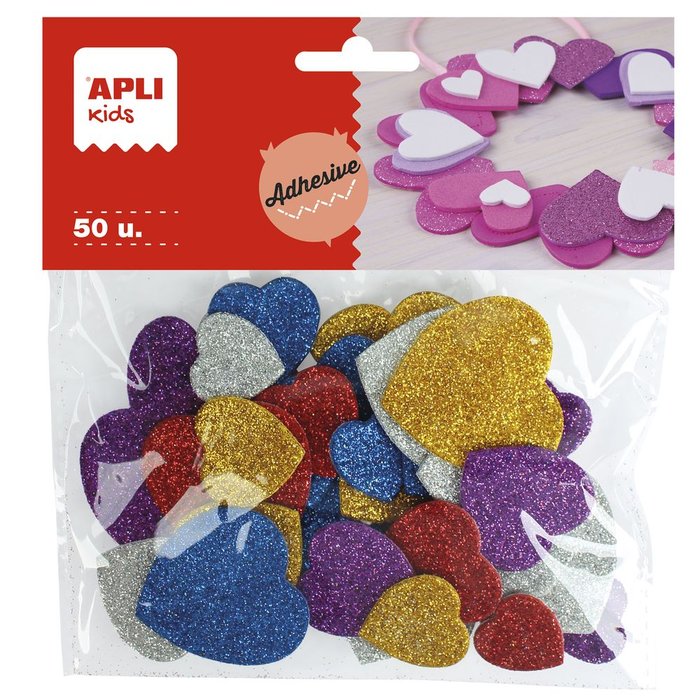 Corazones purpurina adhesivos goma EVA 50 unidades APLI