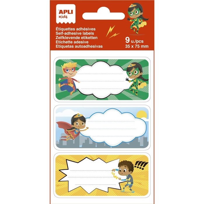 BOLSA 9 ETIQUETAS NOMBRES SUPER HEROES 81X36MM | APLI | ENVASE 5 UDS. UNIDAD | 8410782190196 Imagen principal del producto