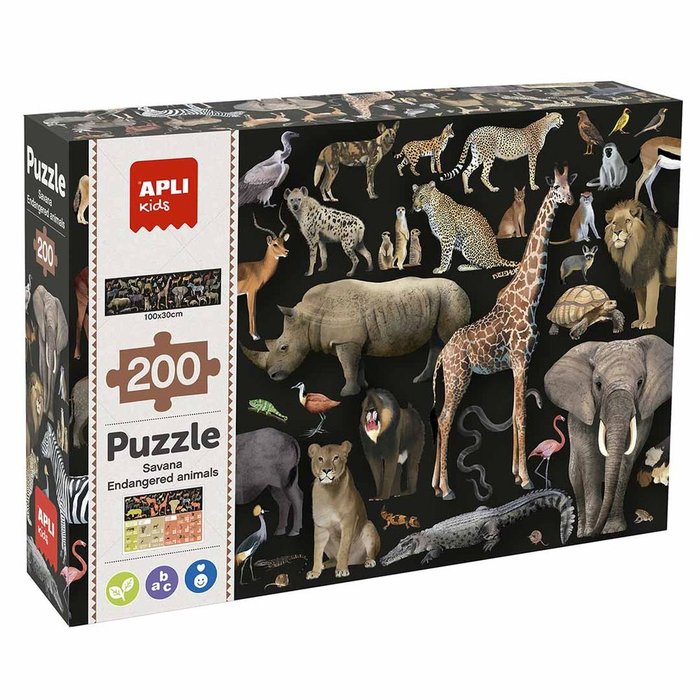 PUZLE INFANTIL ANIMALES AMENAZADOS SABANA 200 PIEZAS | APLI JUEGOS | 1 UNIDAD | 8410782196976 Imagen principal del producto