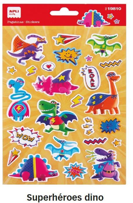 BLISTER PEGATINAS SUPERHEROES DINOS 1 HOJA | APLI MANUALIDADES | ENVASE 5 UDS. UNIDAD | 18410782198106 Imagen principal del producto