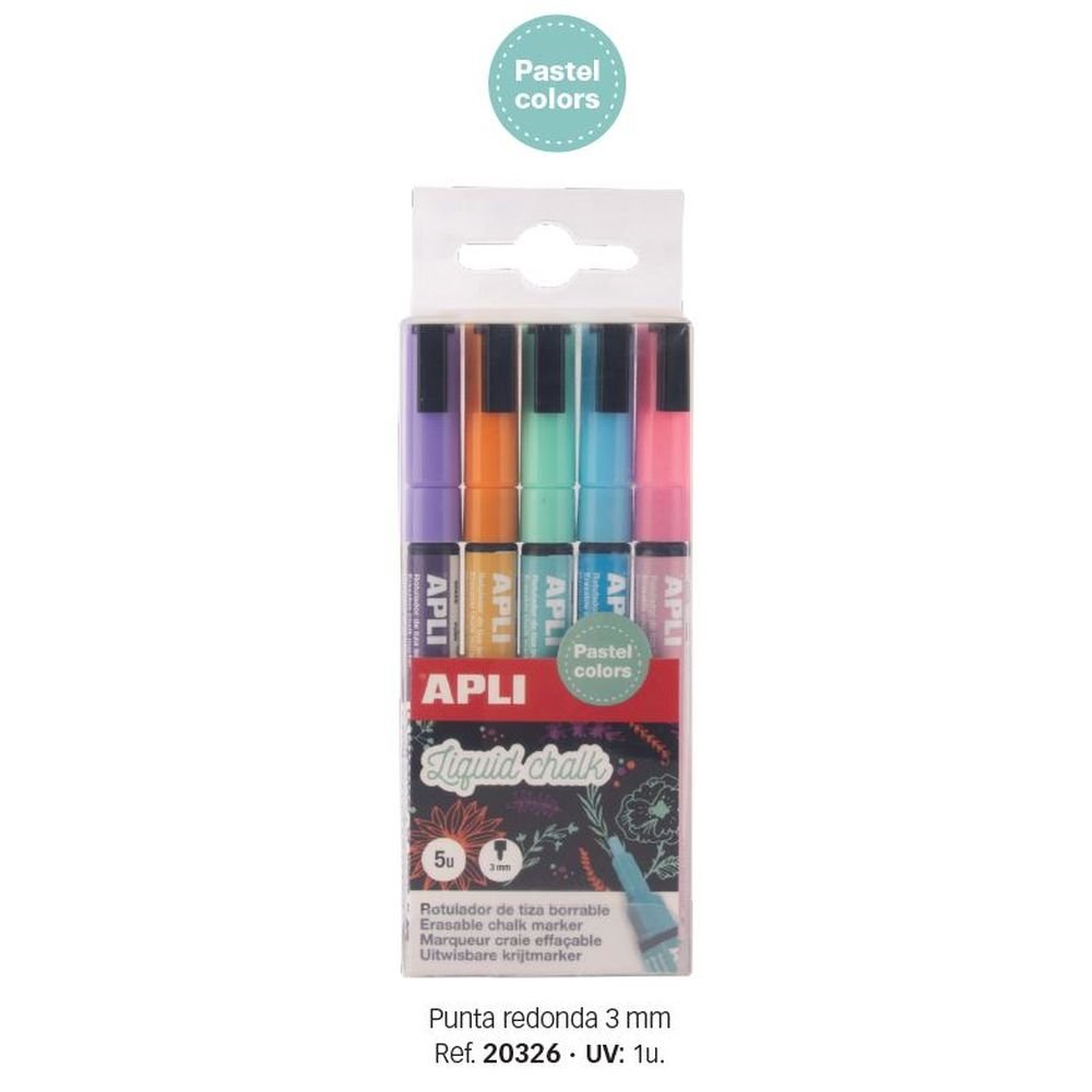 Caja de 5 rotuladores Liquid Chalk Punta redonda 3,5 mm Pastel APLI Imagen principal del producto