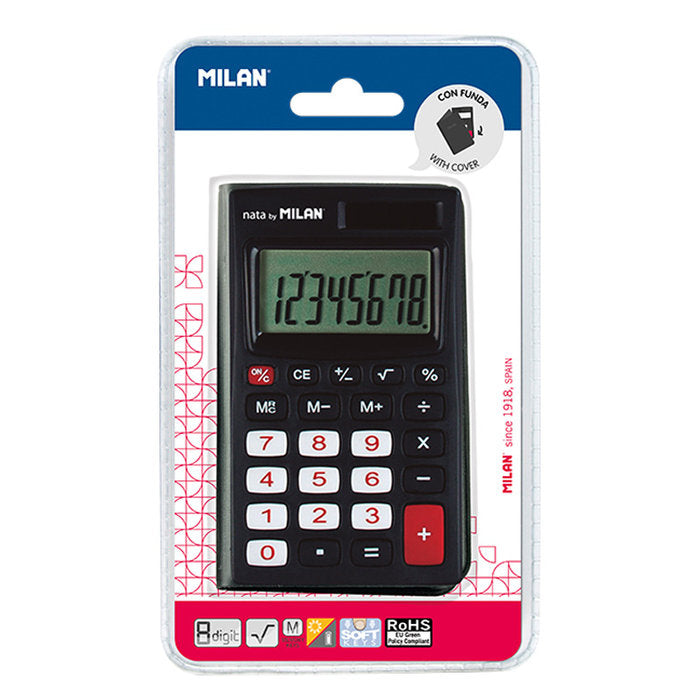 BLISTER CALCULADORA NEGRA 8 DIGITOS CON FUNDA | MILAN | 1 UNIDAD | 8411574027812 Imagen principal del producto
