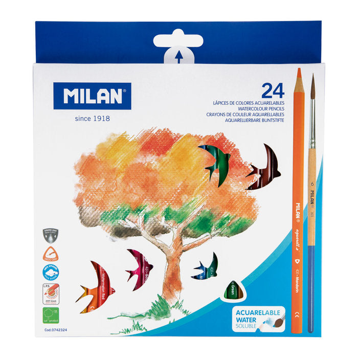 CAJA 24 LAPICES COLORES ACUARELABLES + PINCEL | 1 UNIDADES | (MILAN) Imagen principal del producto