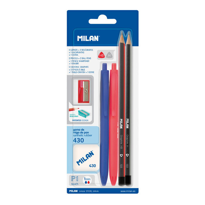 Blister 2 Bolígrafos P1+2 Lápices Grafito Goma Sacapunta Milan