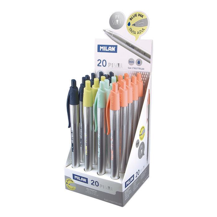 EXP, 20 UDS BOLIGRAFO MILAN P1 SILVER TINTA AZUL 1MM | 20 UNIDADES | (MILAN)