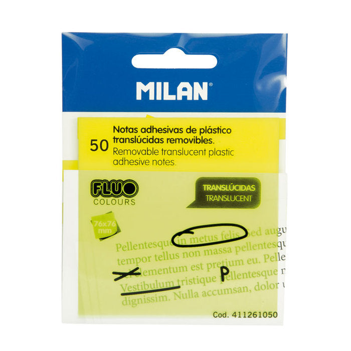 NOTAS ADHESIVAS 76X76 TRANSPARENTES AMARILLO 50 HOJAS | 1 UNIDADES | (MILAN)