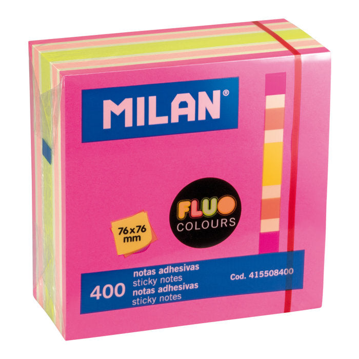 NOTAS ADHESIVAS REMOVIBLES NEON 76X76MM CUBO 400 HOJAS | 12 UNIDADES | (MILAN)