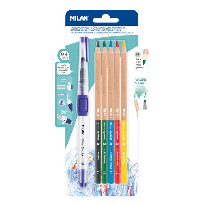PINCEL DE AGUA CON 5 LAPICES ACUARELABLES BLISTER | 1 UNIDADES | (MILAN) Imagen principal del producto