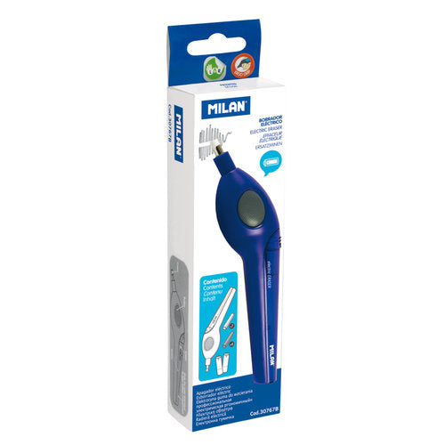 Borrador eléctrico azul Milan con pilas y gomas