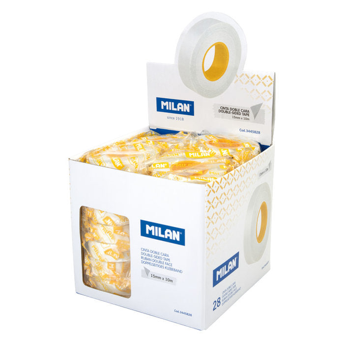 EXPOSITOR 28 ROLLOS CINTA ADHESIVA DOBLE CARA 15MMX10 | 28 UNIDADES | (MILAN) Imagen principal del producto