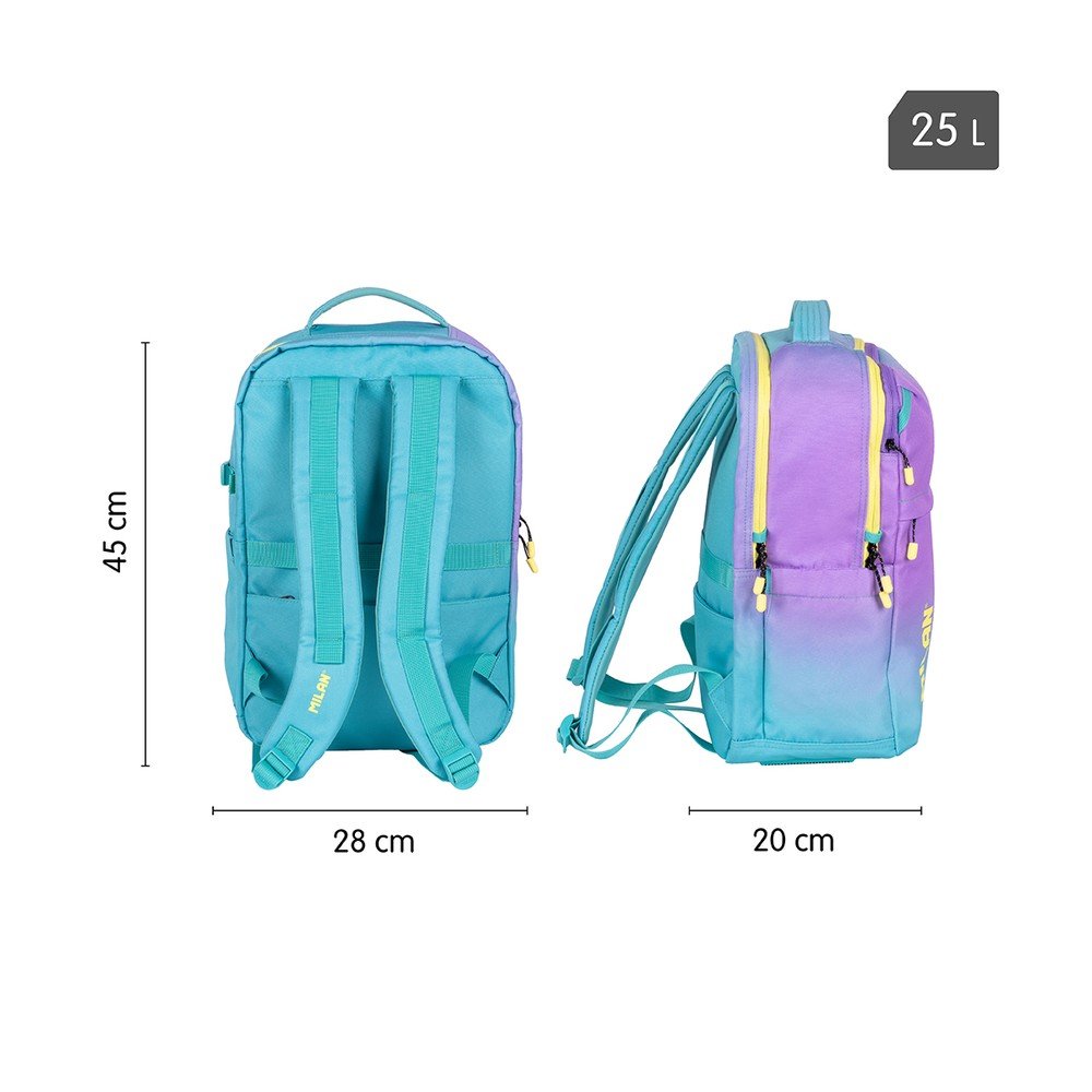 Mochila escolar 5 cremalleras 45x28 Milan Sunset turquesa