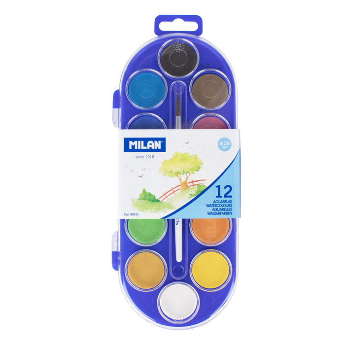 Estuche plastico 12 pastillas de acuarela + 1 pincel colores surtidos milan