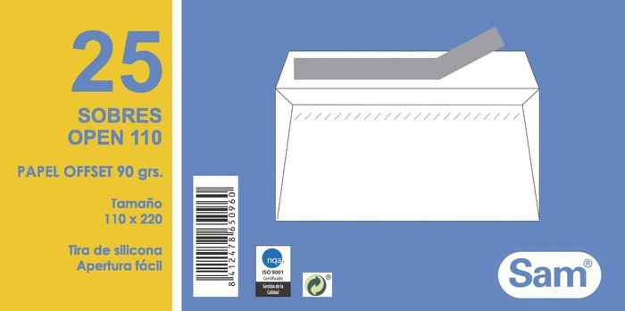 SOBRE BLANCO OPEN 110X220 90GR P/25 | 20 UNIDADES | (SAM TALLERES MANIPULACION)