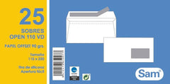 SOBRE BLANCO OPEN 110X220 90GR P/25 VENTANA DERECHA | 20 UNIDADES | (SAM TALLERES MANIPULACION)