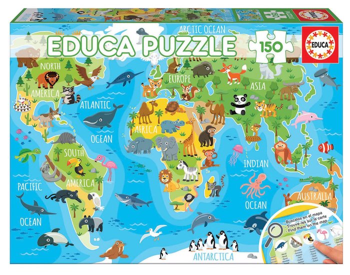 PUZZLE 150 PIEZAS MAPAMUNDI ANIMALES | EDUCA-BORRAS | 1 UNIDAD | 8412668181151