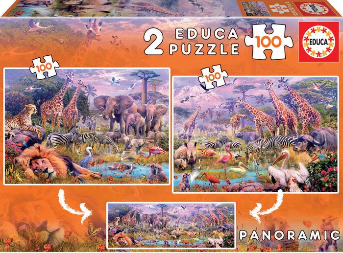 PUZZLE 2X100 ANIMALES SALVAJES DINOSAURIOS | EDUCA-BORRAS | 1 UNIDAD | 8412668186064