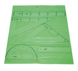 C/10 estuche dibujo escolar con broche Safta. Regla 30 cm, escuadra y cartabón 25 cm, semicírculo 15 cm y regla pequeña