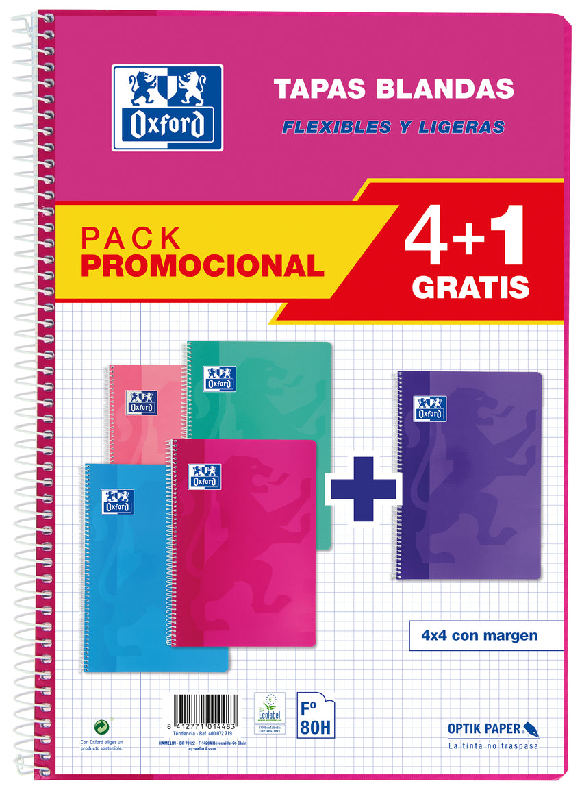 Pack 4+1 cuaderno espiral fº 80h 90g. cuad.4x4 c/m colores tendencia tapa blanda Imagen principal del producto