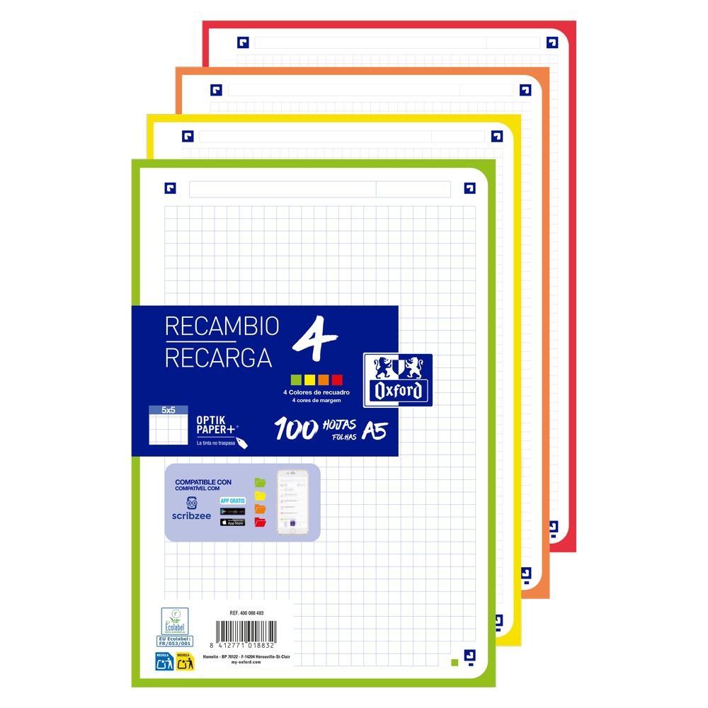 Recambio A5 100h cuadro 5x5 Oxford colores surtidos