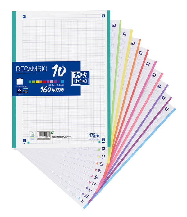 RECAMBIO 10 COLORES BANDA A4 160H CUADRO 5MM 90GR SURTIDOS | 1 UNIDADES | (OXFORD)