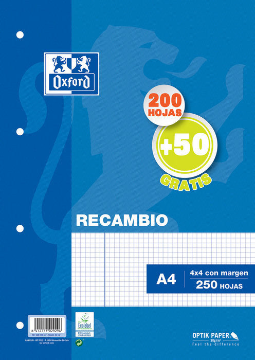 RECAMBIO A4 CUADRO 4MM 200H+50H CON MARGEN AZUL | 1 UNIDADES | (OXFORD)