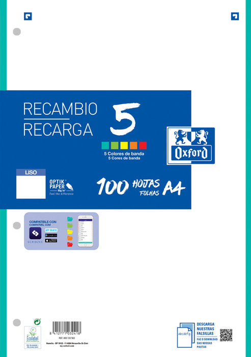 Recambio multicolor a4 100h 90g 4 taladros liso 5 colores de banda Imagen principal del producto