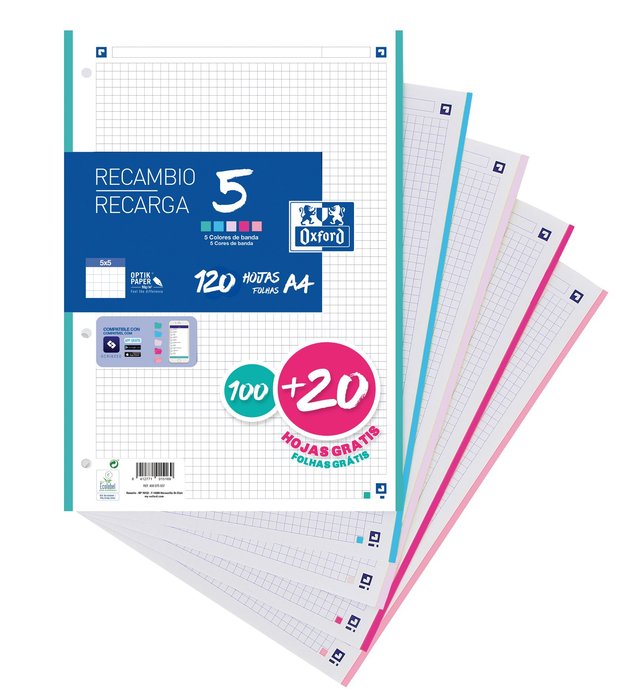 RECAMBIO A4 100H CUADRO 5MM BANDA 5 100+20H 90G PASTEL | 1 UNIDADES | (OXFORD)