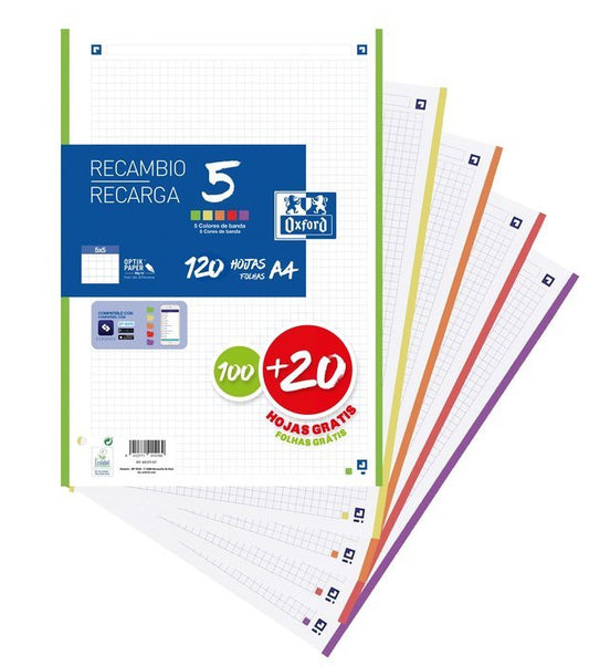 RECAMBIO A4 100H CUADRO 5MM BANDA 5 COLOR 100+20H 90G VIVOS | 20 UNIDADES | (OXFORD)