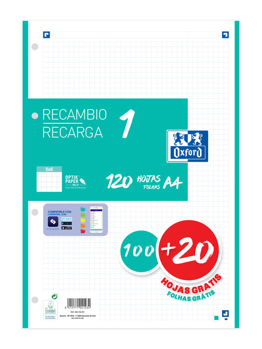RECAMBIO A4 100+20 HOJAS 5X5 ICE MINT 90GRS | 1 UNIDADES | (OXFORD)