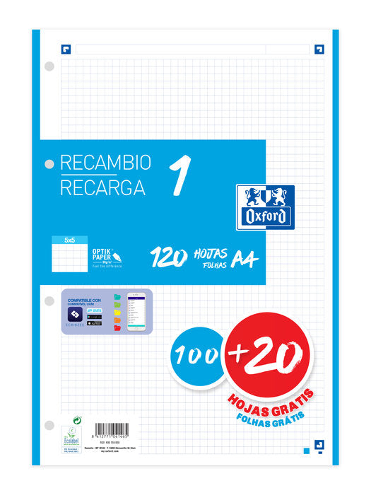 RECAMBIO A4 100+20 HOJAS 5X5 TURQUESA 90GRS | 1 UNIDADES | (OXFORD)