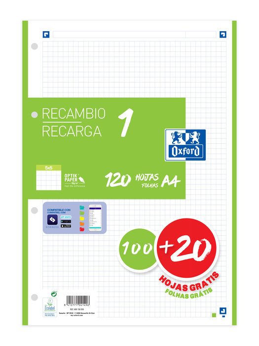 Recambio 1 color a4 100+20h 90g cuadricula 5x5 color banda verde Imagen principal del producto
