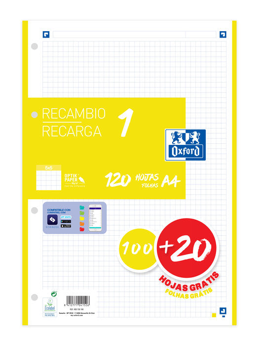 Recambio 1 color a4 100+20h 90g cuadricula 5x5 color banda amarillo Imagen principal del producto