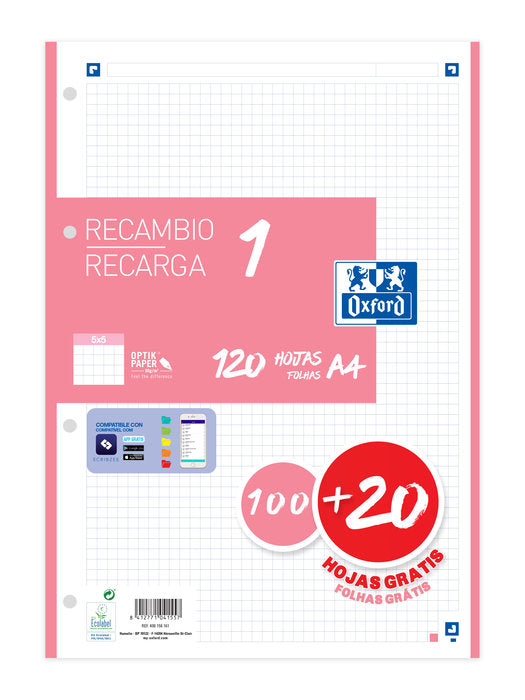 RECAMBIO A4 100+20 HOJAS 5X5 ROSA CHICLE 90GRS | 1 UNIDADES | (OXFORD) Imagen principal del producto