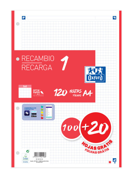 RECAMBIO A4 100+20 HOJAS 5X5 ROJO 90GRS | 1 UNIDADES | (OXFORD) Imagen principal del producto
