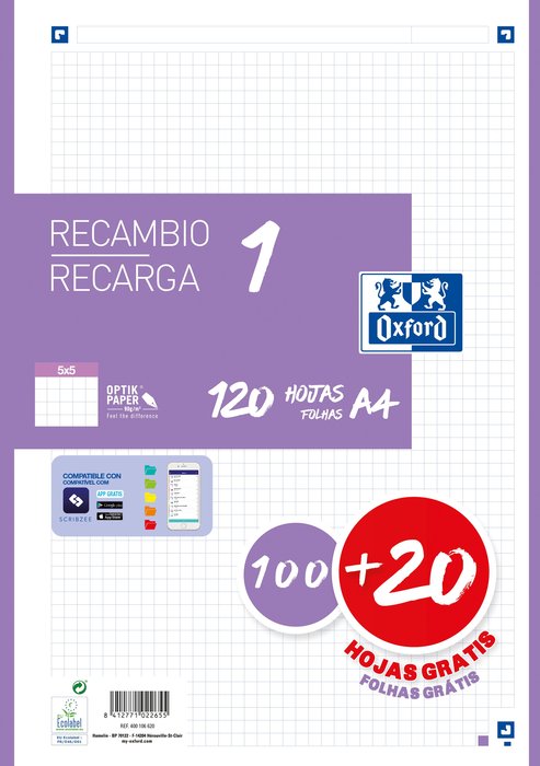 RECAMBIO 1 A4 OXFORD LILA 100+20 | 1 UNIDADES | (OXFORD) Imagen principal del producto